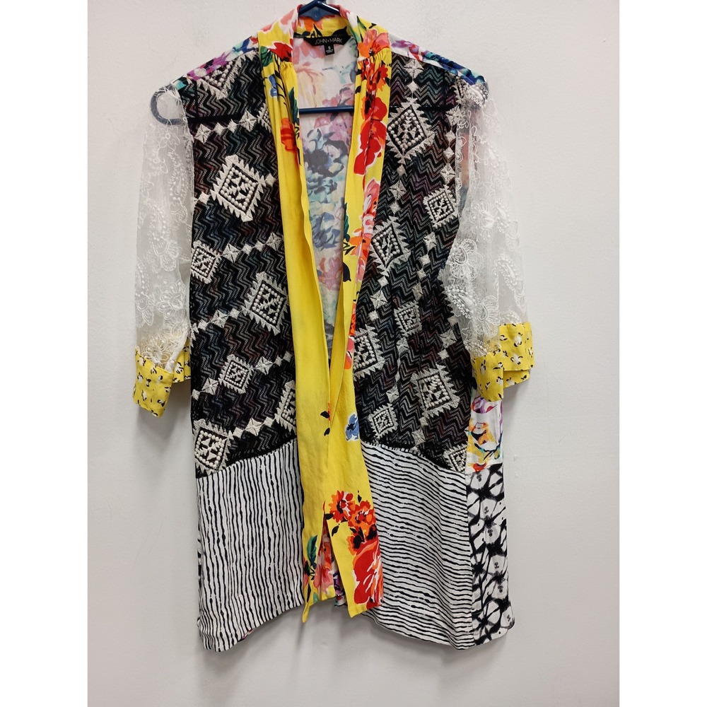 John Mark Kimono Cardigan Womens Small Yellow Mixed Print Lace Sleeve Boho New